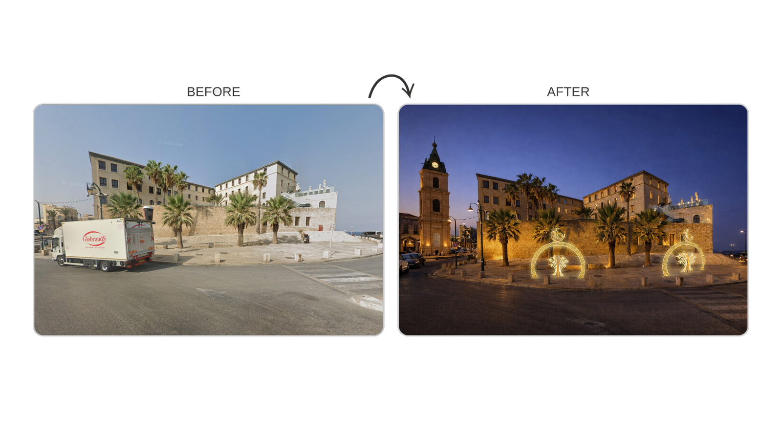 Before/after photorealistic montage of a Tel Aviv street with proposed lighting fixtures